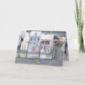 雪の降るノルディックの村の家々が賑やかなクリスマス冬 シーズンカード (裏面)