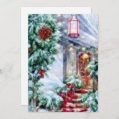 雪の降るフロントステップで予算クリスマス シーズンカード (正面/裏面)