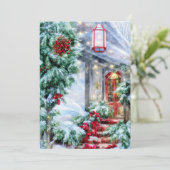 雪の降るフロントステップで予算クリスマス シーズンカード (スタンド正面)