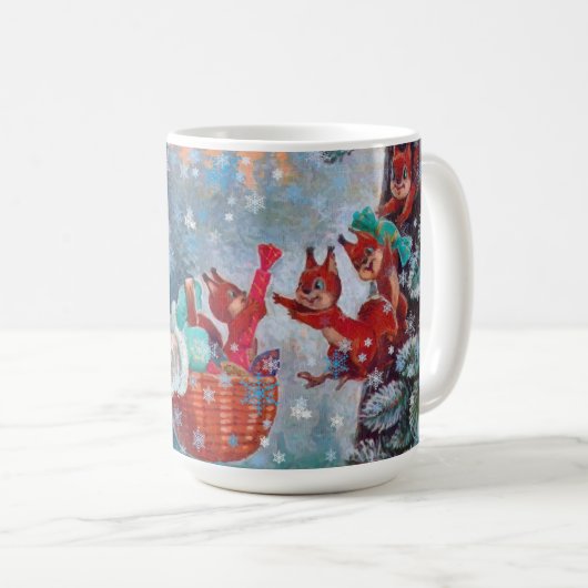 雪の降る冬のクリスマス かわいい女の子とリス コーヒーマグカップ (正面右)