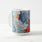 雪の降る冬のクリスマス かわいい女の子とリス コーヒーマグカップ (正面左)