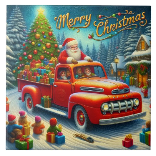 雪の降る冬の不思議の国で、サンタは贈り物をする タイル (正面)