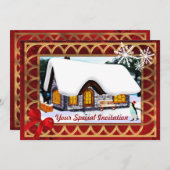 雪の降る冬の別荘、クリスマス 招待状 (正面/裏面)