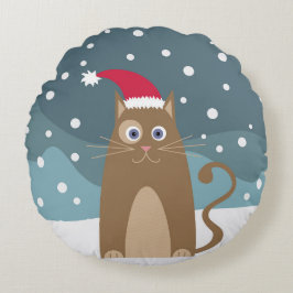 雪の降る冬の夜のかわいいクリスマス猫 ラウンドクッション