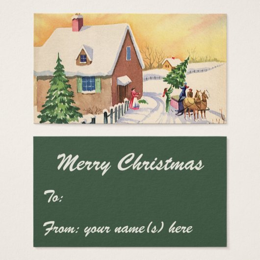 雪の降る冬の道にあるビンテージのクリスマスツリー (正面&裏面)