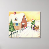雪の降る冬の道にあるビンテージのクリスマスツリー キャンバスプリント (正面)