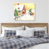 雪の降る冬の道にあるビンテージのクリスマスツリー キャンバスプリント (インサイチュ (寝室))