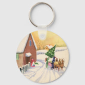 雪の降る冬の道にあるビンテージのクリスマスツリー キーホルダー (正面)