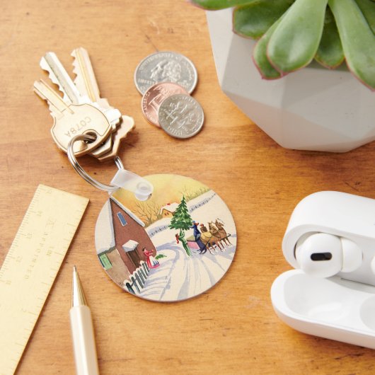 雪の降る冬の道にあるビンテージのクリスマスツリー キーホルダー (デスク)
