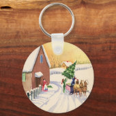 雪の降る冬の道にあるビンテージのクリスマスツリー キーホルダー (正面)