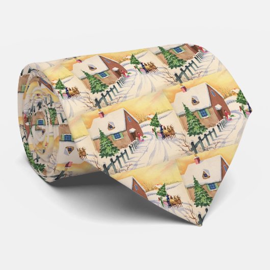 雪の降る冬の道にあるビンテージのクリスマスツリー ネクタイ (ロール)