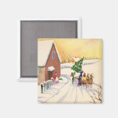 雪の降る冬の道にあるビンテージのクリスマスツリー マグネット (正面/裏面)