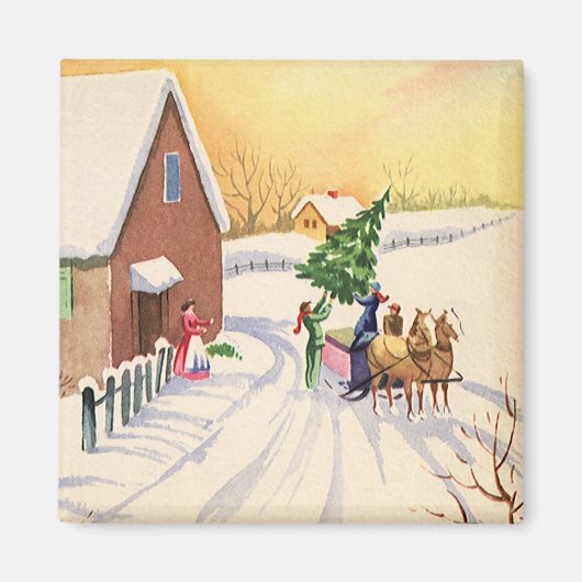 雪の降る冬の道にあるビンテージのクリスマスツリー マグネット (正面)