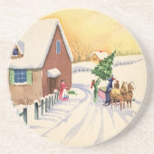 雪の降る冬の道のクラシックなクリスマスツリー コースター (正面)