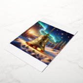 雪の降る冬の風景の中の金のクリスマスベル 箔シーズンカード (回転した状態)