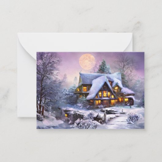 雪の降る地方の家の予算でミニクリスマス ノートカード (正面)
