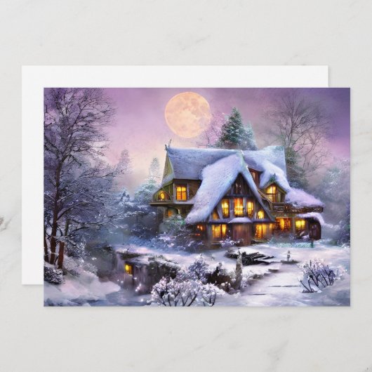 雪の降る地方の温かい我が家　予算内でクリスマス シーズンカード (正面/裏面)