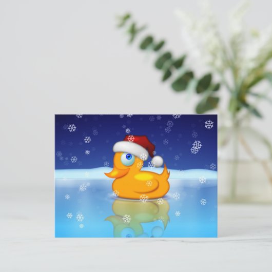 雪の降る夜にサンタハットをかぶるクリスマスアヒル シーズンポストカード (スタンド正面)