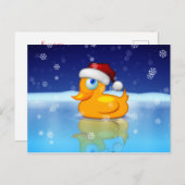雪の降る夜にサンタハットをかぶるクリスマスアヒル シーズンポストカード (正面/裏面)