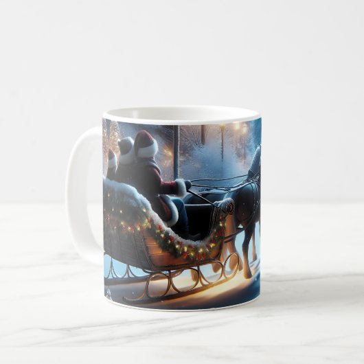 雪の降る夜のクリスマスのそり コーヒーマグカップ (正面左)