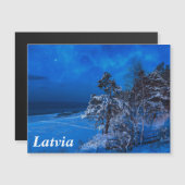 雪の降る夜の冬の風景。松の木が雪で覆われた様子をとらえた写真 (正面/裏面)