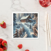 雪の降る日に佇むクリスマスのログキャビン スタンダードカクテルナプキン (インサイチュ)