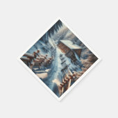 雪の降る日に佇むクリスマスのログキャビン スタンダードカクテルナプキン (角)