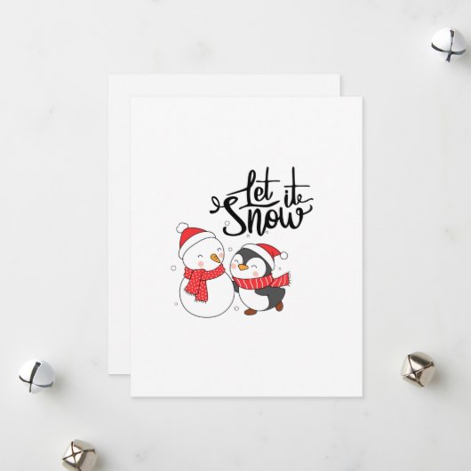 雪の降る日に雪だるまとペンギンが一緒にいる シーズンカード (正面/裏面インサイチュ)