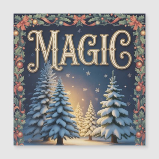 雪の降る松の木とクリスマスの魔法のタイポグラフィー (正面)