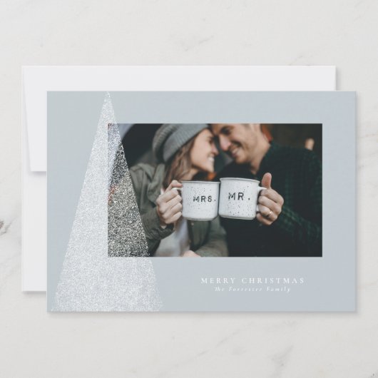 雪の降る現代的なクリスマスツリーのホリデー写真カード シーズンカード (正面)