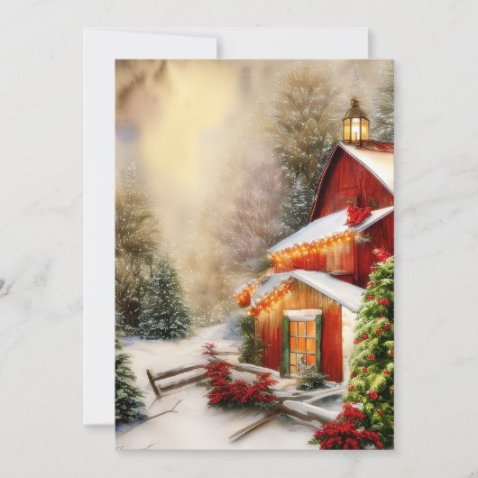雪の降る納屋の予算クリスマス シーズンカード (正面)
