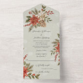 雪の降る聖なる夜のサボテンとオリーブの木と赤い葉のポインセチア オールインワン招待状 (内側)