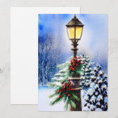 雪の降る街灯のポスト　お手頃なクリスマス シーズンカード (正面/裏面)
