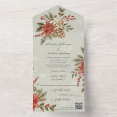 雪の降る賢いセージにポインセチアとホーリー QRコード オールインワン招待状 (内側)