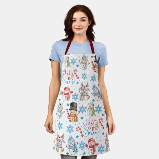 雪の雪だるま模様クリスマス エプロン (着用した状態)