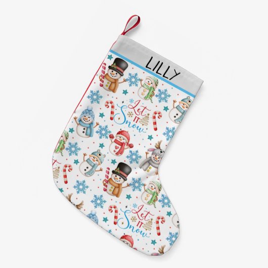 雪の雪だるま模様クリスマス スモールクリスマスストッキング (正面 (吊り時))