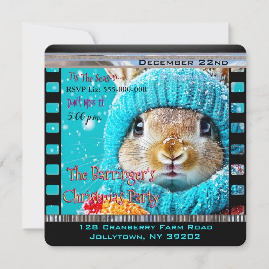 雪の青いウサギのクリスマスパーティー 招待状 (正面)