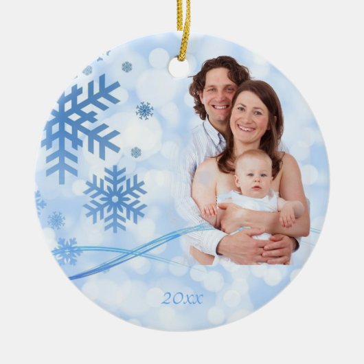雪の青いクリスマスの飾り セラミックオーナメント (正面)