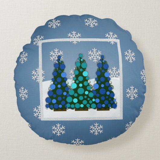 雪の青いクリスマスツリー丸い枕 ラウンドクッション (正面)