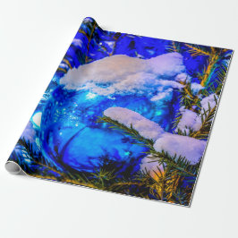 雪の青いクリスマスボール ラッピングペーパー