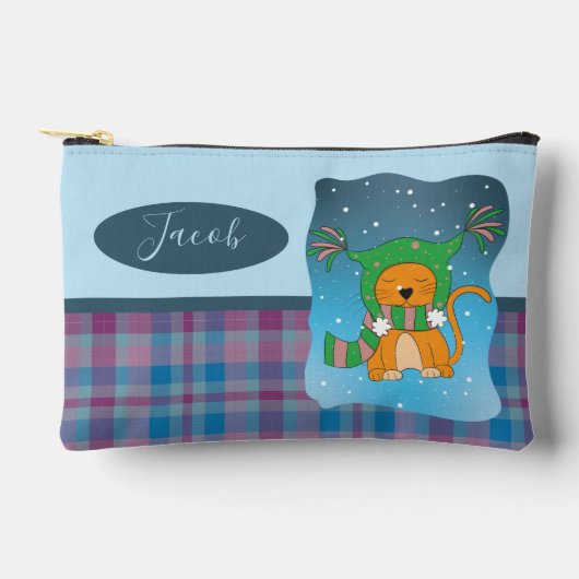 雪の青いペンシルポーチの漫画の猫 アクセサリーポーチ (正面)