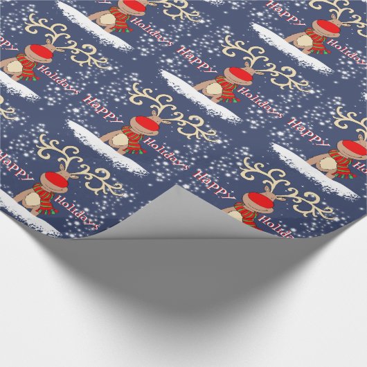 雪の青い休日の覆いのクリスマスのトナカイ ラッピングペーパー (角)