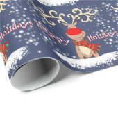 雪の青い休日の覆いのクリスマスのトナカイ ラッピングペーパー (ロールコーナー)