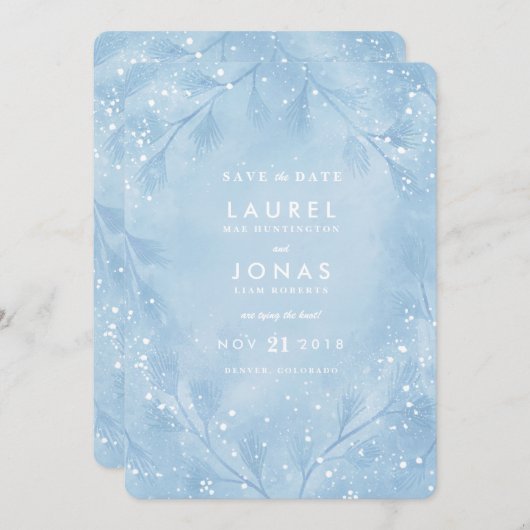 雪の青い冬の結婚式の日付カードを保存 セーブザデート (正面/裏面)