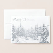 雪の青い木 – メリークリスマス 箔カード (封筒付き正面)