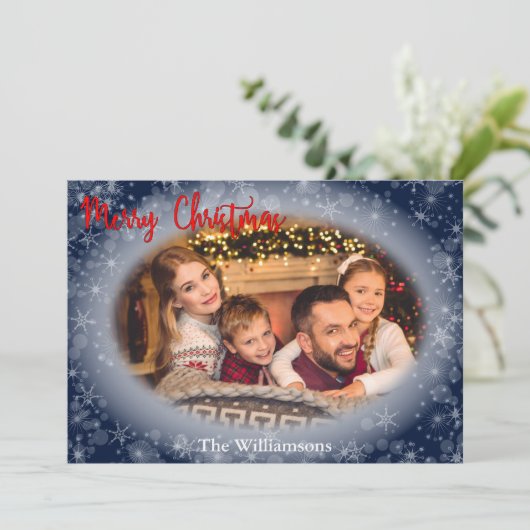 雪の青い楕円形フォトフレームのクリスマス シーズンカード (スタンド正面)