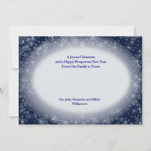 雪の青い楕円形フォトフレームのクリスマス シーズンカード (裏面)