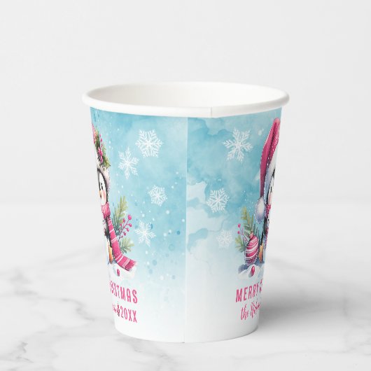 雪の青とピンクの可愛いペンギンのメリークリスマス 紙コップ (右)