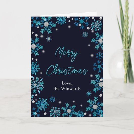 雪の青と銀がメリークリスマス シーズンカード (正面)