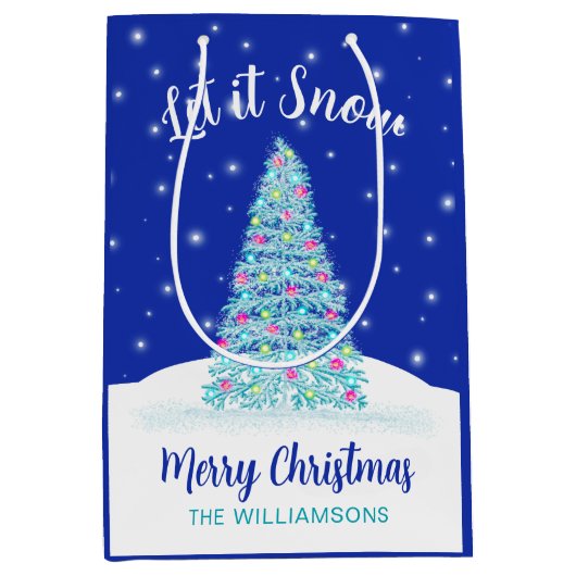 雪の青クリスマスツリーの休日 ミディアムペーパーバッグ (正面)